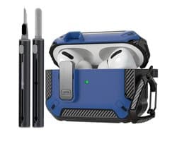 Blauw robuust hoesje voor oordopjes met carbon look geschikt voor AirPods Pro 2 inclusief schoonmaakset en karabijnhaak – schokbestendig en duurzaam