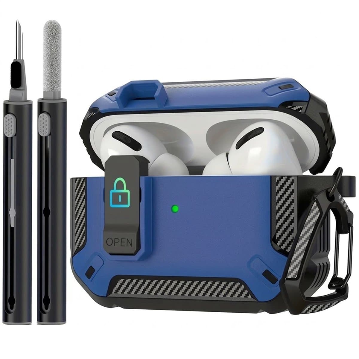 Blauw robuust hoesje voor oordopjes met carbon look geschikt voor AirPods Pro 3 inclusief schoonmaakset en karabijnhaak – schokbestendig en duurzaam — afbeelding 1