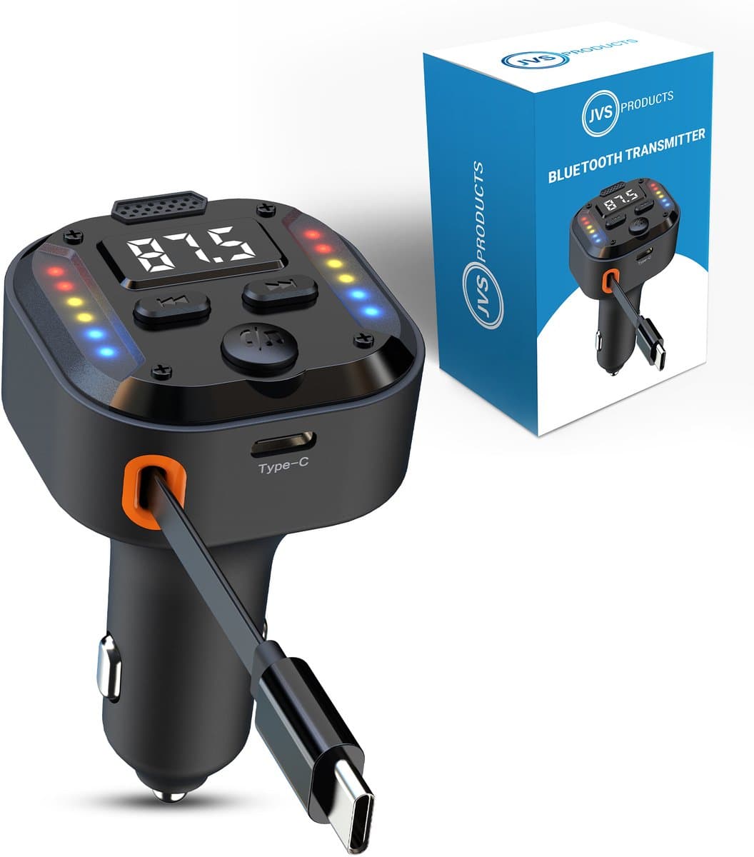 Bluetooth Transmitter - Auto - 30W Snellader - USB-C + 70cm USB-C Kabel - Carkit - Handsfree Bellen - Noise-Cancelling Microfoon - Bluetooth 5.3 - LED Spectrum - Zwart — afbeelding 1