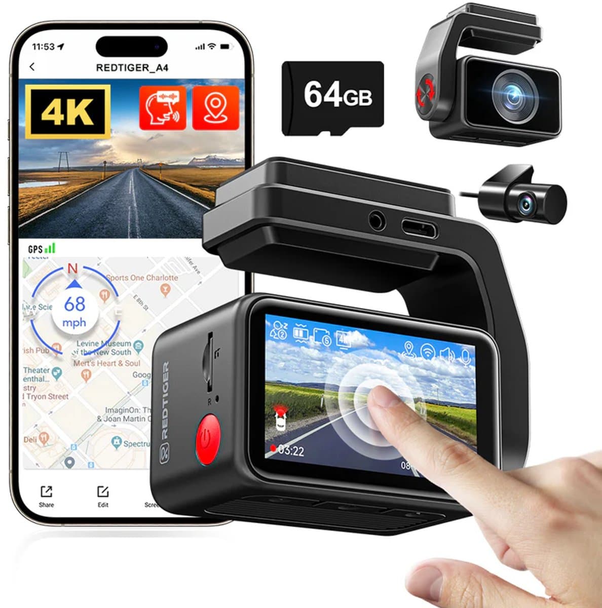 Redtiger A4 4K+1080P 5.8GHz WIFI Voice Control Dash Cam Touch Wifi GPS 2CH 64GB dashcam - Auto camera voor en achter - Wifi en GPS - Parkeermodus - 2,2 inch touch screen LCD - 4K resolutie - 64gb Micro SD kaart - dashcam voor auto — afbeelding 1