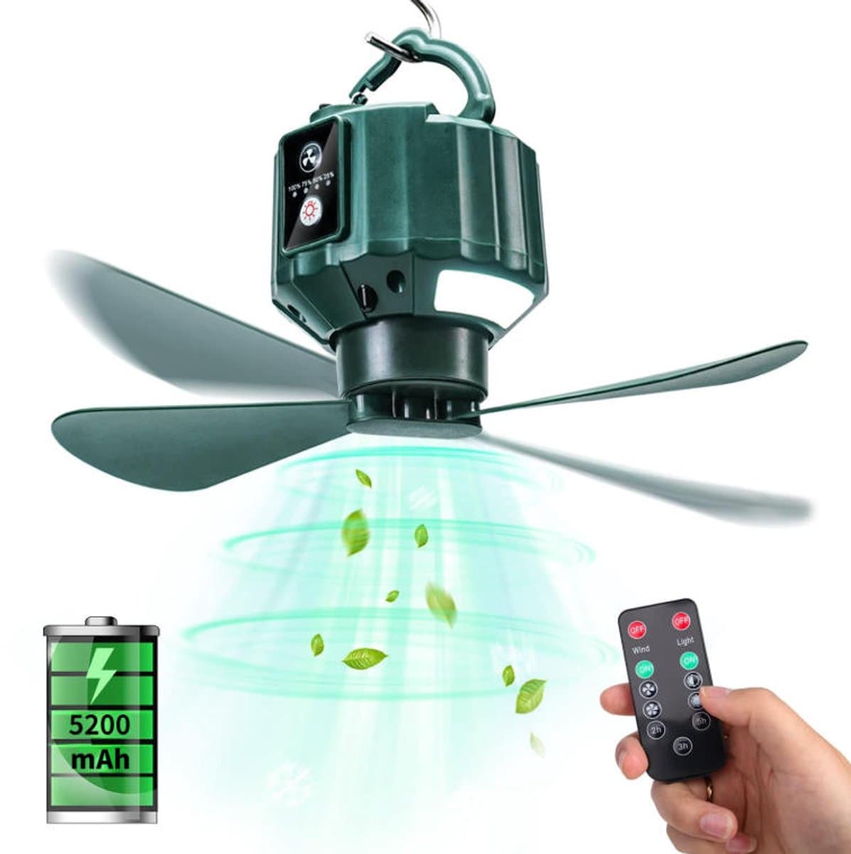 Plafondventilator met verlichting - Plafondventilator afstandsbediening - Met afstandsbediening - Met ophanghaak - 3 windsnelheden - 2 bladeren - voor luifeltenten noodoverleving — afbeelding 1