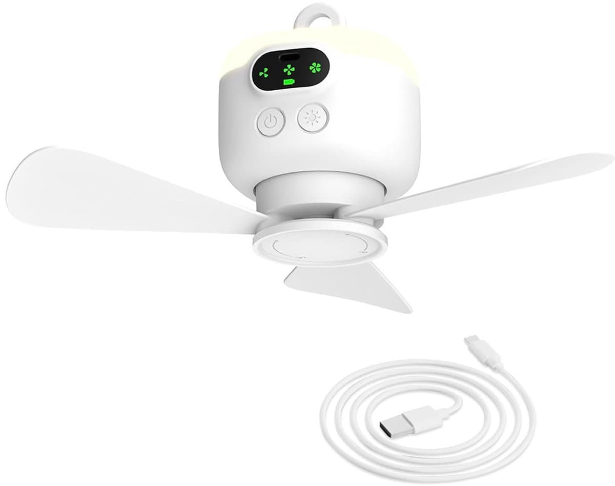 Draagbare kampeerventilator, plafondventilator voor tenten, oplaadbaar 8000 mAh met licht en haak, tijdgestuurd en automatisch uitschakelend, afneembaar ventilatorblad, te gebruiken voor tentluifels, campers, prieelen, strand, slaapzaal, slaapkamer — afbeelding 1