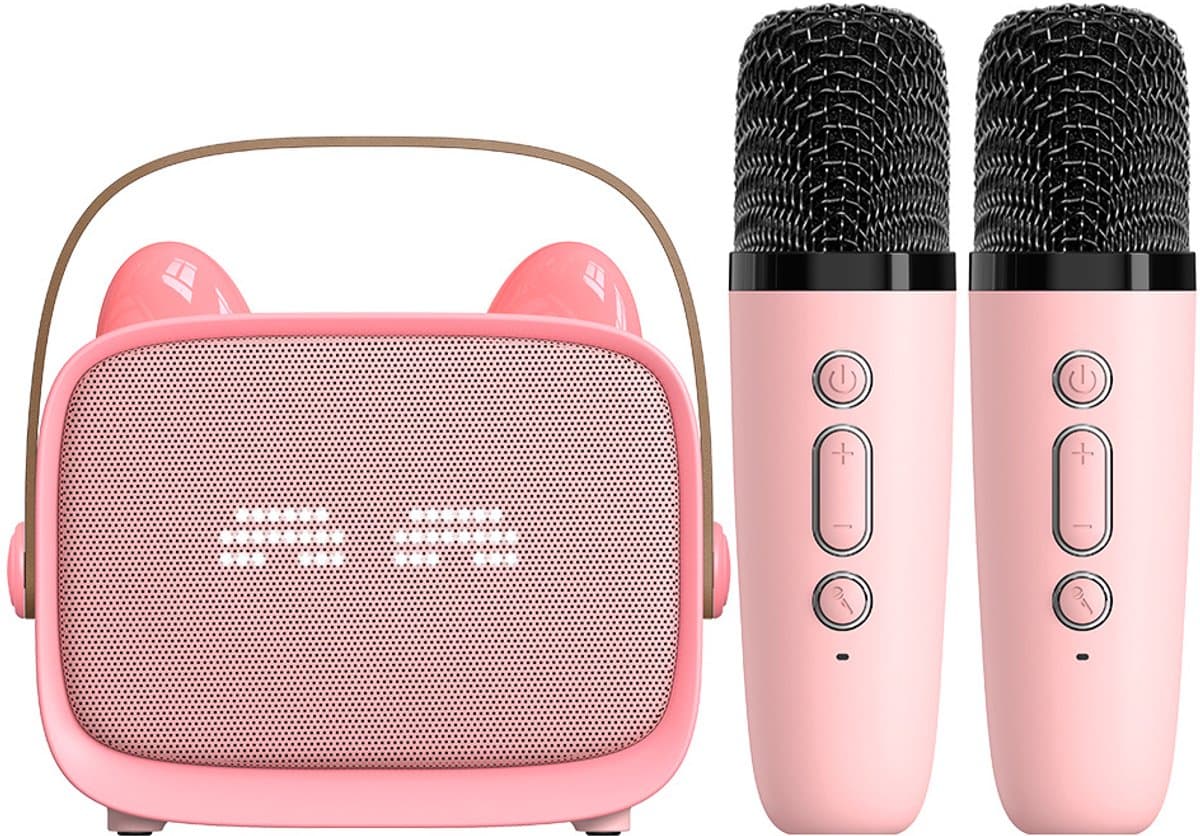 Karaoke Set - 2 Microfoons - Draagbaar - Bluetooth - Telefoonhouder - Roze — afbeelding 1