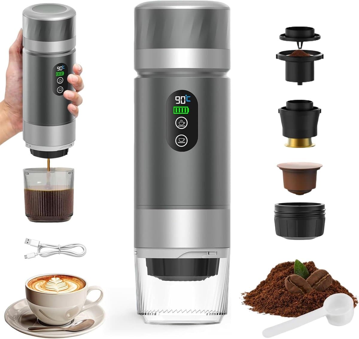 Draagbare koffiemachine,-de nieuwste upgrade van de derde generatie-3-in-1 elektrische espressomachine-12V oplaadbare espressomachine-voor kantoor-reizen-thuis- compatibel met espresso-capsules en gemalen koffie — afbeelding 1