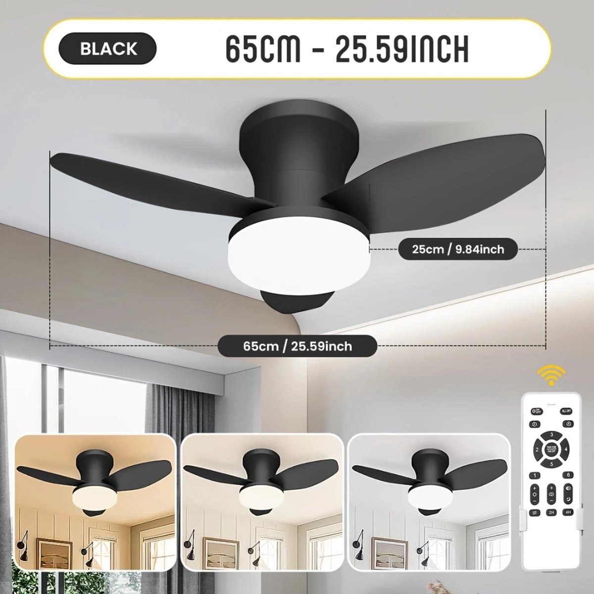 Livano Plafondventilator - Met Verlichting - Plafond Ventilator - Met Lamp - Plafonniere Met Ventilator - Met Licht - Zwart - 88cm — afbeelding 1