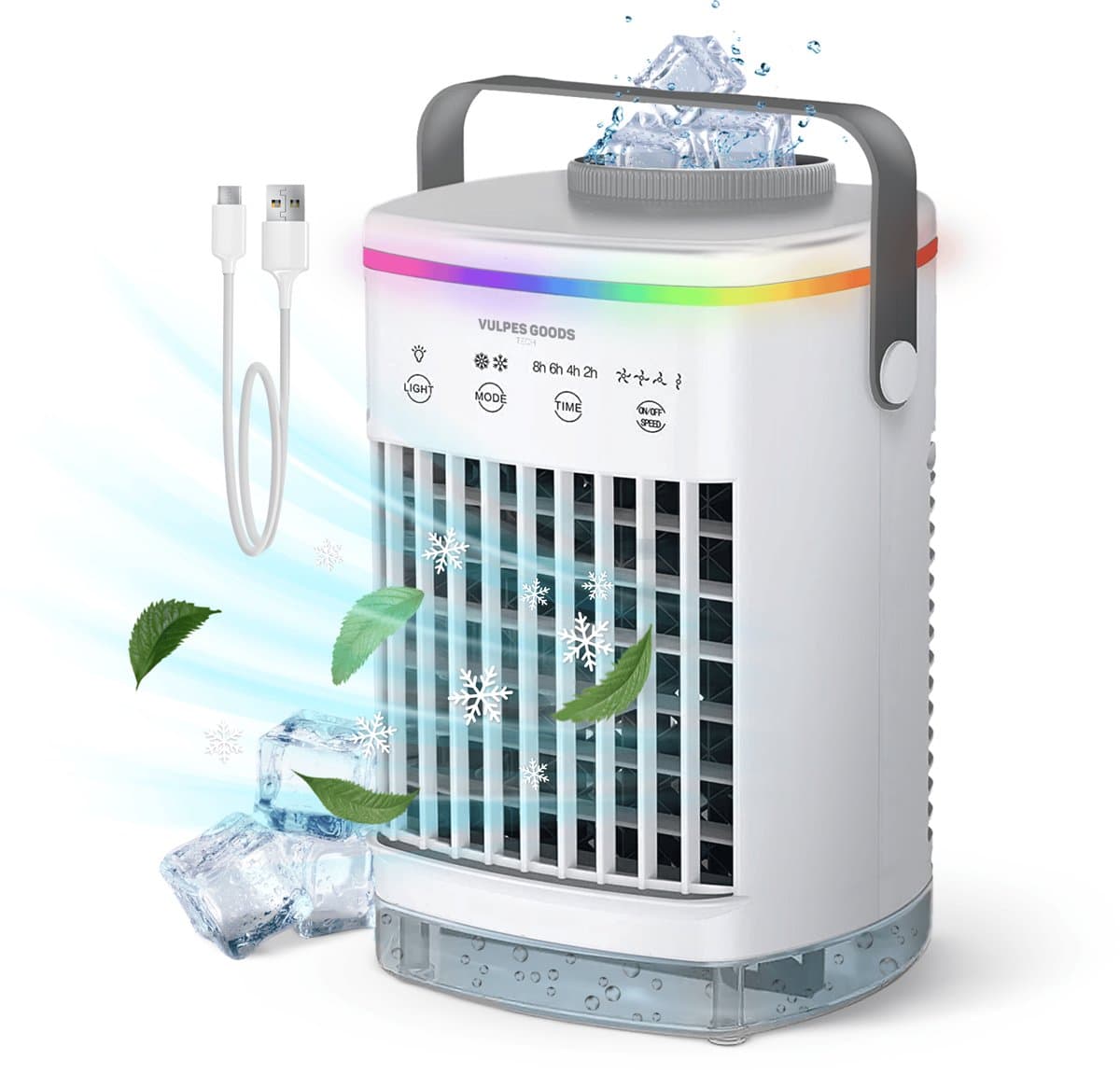Vulpes Goods® Tech - Mini Airco PRO - Mobiele Airco - Luchtkoeler 4in1 - Aircooler - Tafelventilator - 4 windsnelheden, 2 luchtbevochtingsstanden & timer - Lekvrij - Wit — afbeelding 1