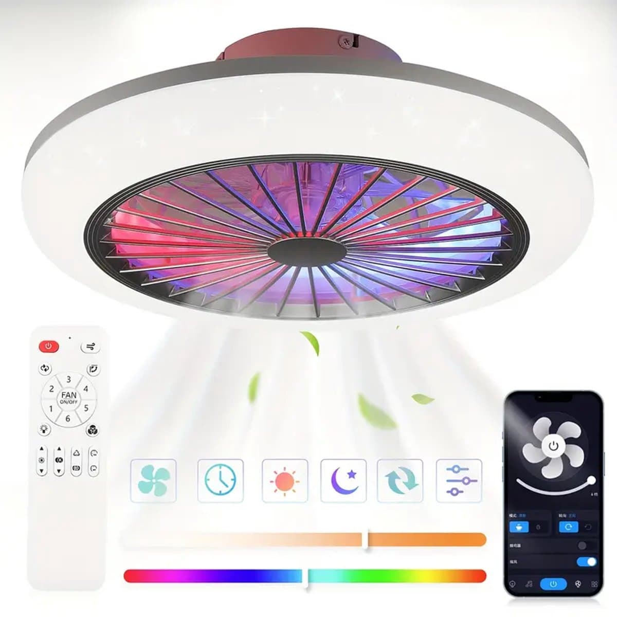 LED RGB Ventilator Lamp - Smart Lamp - Plafondventilator - RGB - 12 Kleuren - Dimbaar - 45 cm - 6 Standen - Plafondventilator - Woonkamerlamp - Moderne Lamp — afbeelding 1