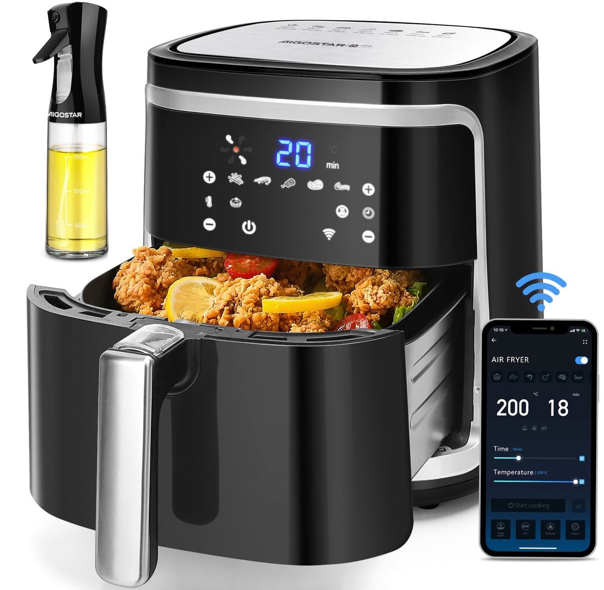 Aigostar 1900 W 7 l elektronische heteluchtfriteuse met dubbele pan zwart met wifi-functie VDE/Cube Smart — afbeelding 1