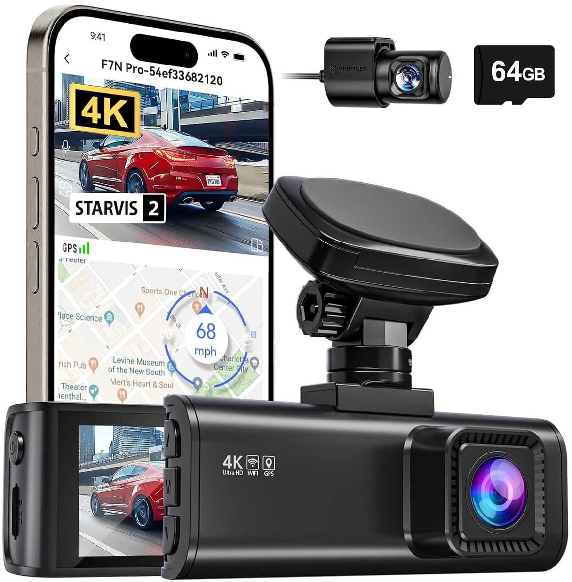 RedTiger F7N Pro 64gb dashcam voor auto - 4K + Full HD met Sony Starvis 2 - Inclusief 64gb - Voor en achter camera met zelfklevende houder - Wifi - Gps - 3,18 inch Lcd - Nachtzicht - Parkeerbewaking - G-sensor - Loop recording — afbeelding 1