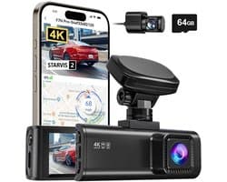 RedTiger F7N Pro 64gb dashcam voor auto - 4K + Full HD met Sony Starvis 2 - Inclusief 64gb - Voor en achter camera met zelfklevende houder - Wifi - Gps - 3,18 inch Lcd - Nachtzicht - Parkeerbewaking - G-sensor - Loop recording