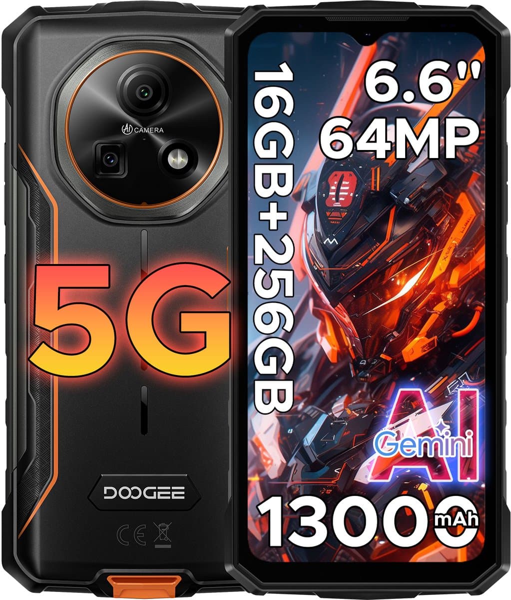DOOGEE Fire 7 5G -Robuuste Smartphone-Outdoor Phone-16GB + 256GB/2TB- Android 15-6.6 inch HD+90Hz -13000mAh/18W -64MP+16MP AI Dual Camera-Construction Site Dedicated Phone-IP68 Waterproof-Dustproof-NFC-OTG-3 Card Slots — afbeelding 1