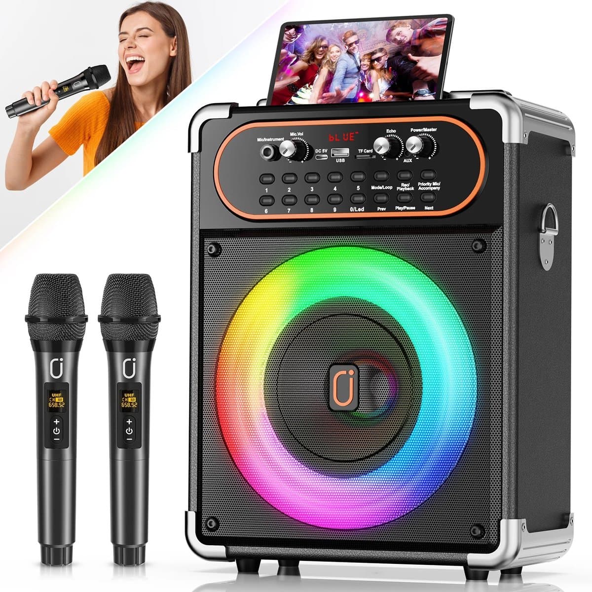 Karaoke Set - 2 draadloze microfoons – 500W - LichtFX & opnamefunctie - Verschillende aansluitingen - Karaoke set voor volwassenen — afbeelding 1