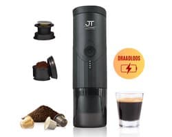 JT Products Draagbare 2 In 1 Espressomachine Zwart - Oplaadbaar - Capsules En Gemalen Koffie - Warmt Op - Koffiemaker - Nespresso - Draagbare Koffiemachine - Reis En Camping Koffiezetapparaat - Maatje - Vaderdag Cadeau Pakket - Vader Dag Top 10