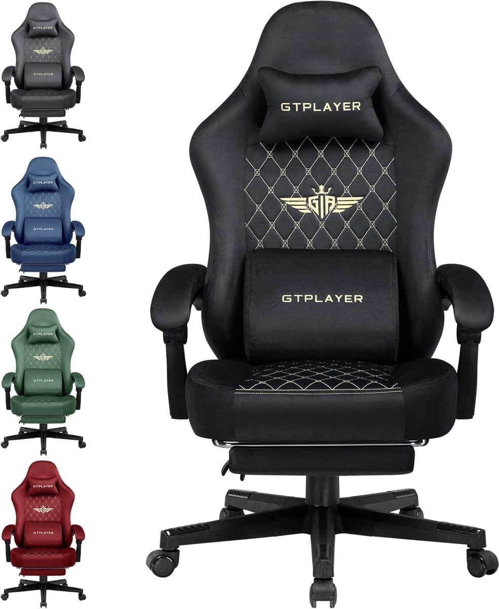 GTPLAYER - Gaming Stoel Stof - 150 kg met Verenzitkussen en Voetensteun - Zwart — afbeelding 1