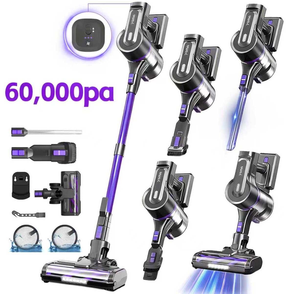 Grenintol 6-in-1 Steelstofzuiger Draadloos – Steelstofzuiger – 60.000 Pa–2500 mAh Accu – Draadloze Stofzuiger - Accu tot 60 Minuten – Stofzuiger Zonder Zak 1,2 L Stofbak – Stofzuiger Draadloos met LED Licht – Voor Tapijten en Harde Vloer – Paars — afbeelding 1