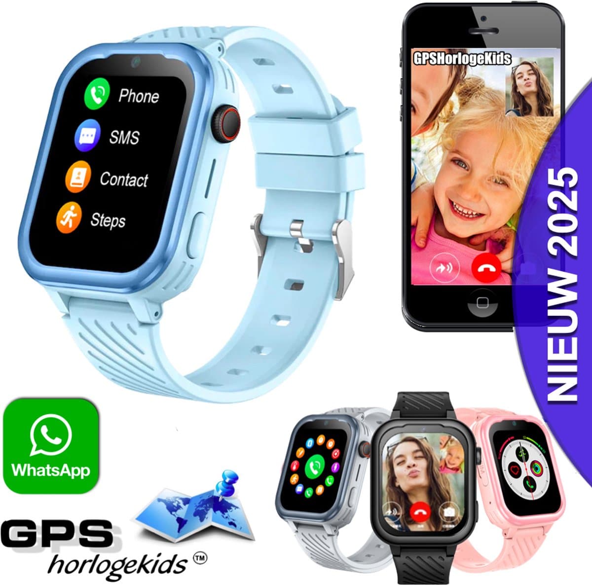 GPSHorlogeKids© - GPS horloge kind - smartwatch kinderen - WhatsApp - 4G videobellen - spatwaterdicht - SOS alarm - SMS - incl SIM - Turn Blauw — afbeelding 1
