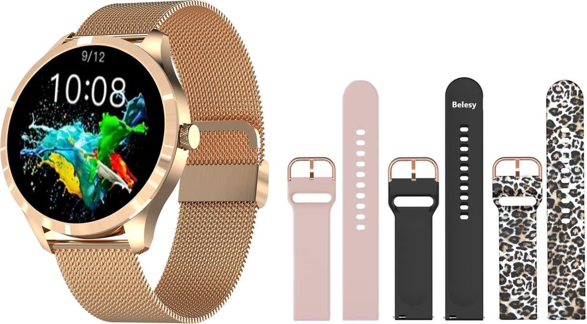 Belesy® Q9 Pro - Smartwatch Dames – Smartwatch Heren - Horloge - 1.28 inch - Kleurenscherm - Stappenteller - Bloeddruk - Hartslag - 75+ Wijzerplaten – Sporten - Staal – Goud - Kerstcadeau — afbeelding 1
