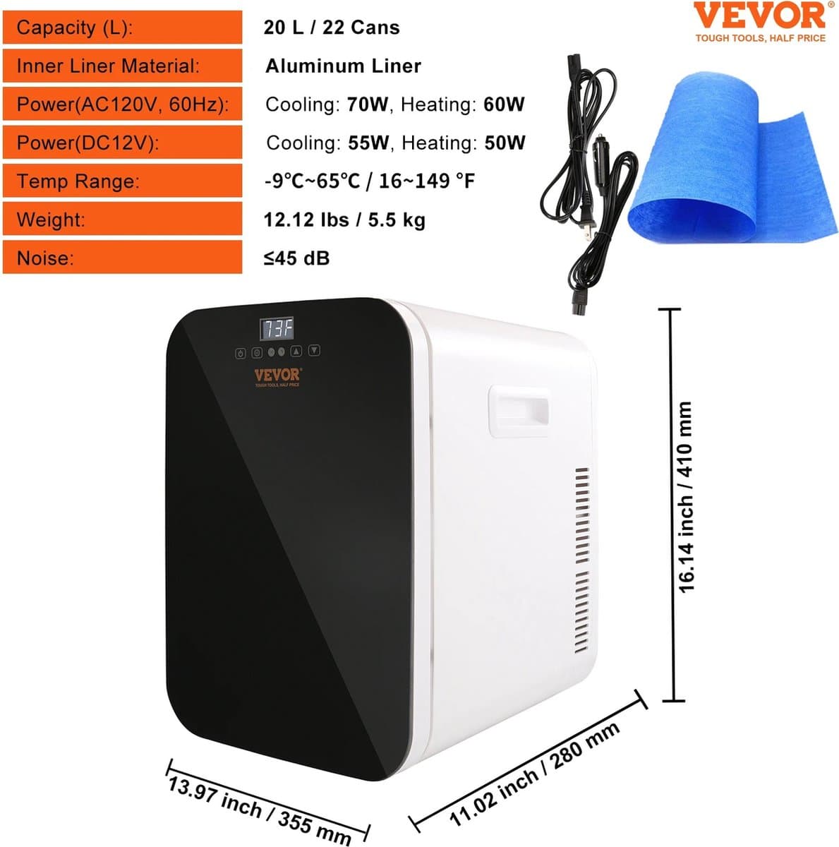 Wildor® Mini Koelkast - Koel/Verwarm kast, -9°C tot 65°C - Vrijstaand - 20 Liter - 3 Schappen - Compacte Drankkoelkast - Praktisch (draagbaar) - Wit Frame - Wit - 12Volt - Auto, Kamperen, Outdoor, Slaapkamer - Stille koelkast <45db — afbeelding 1