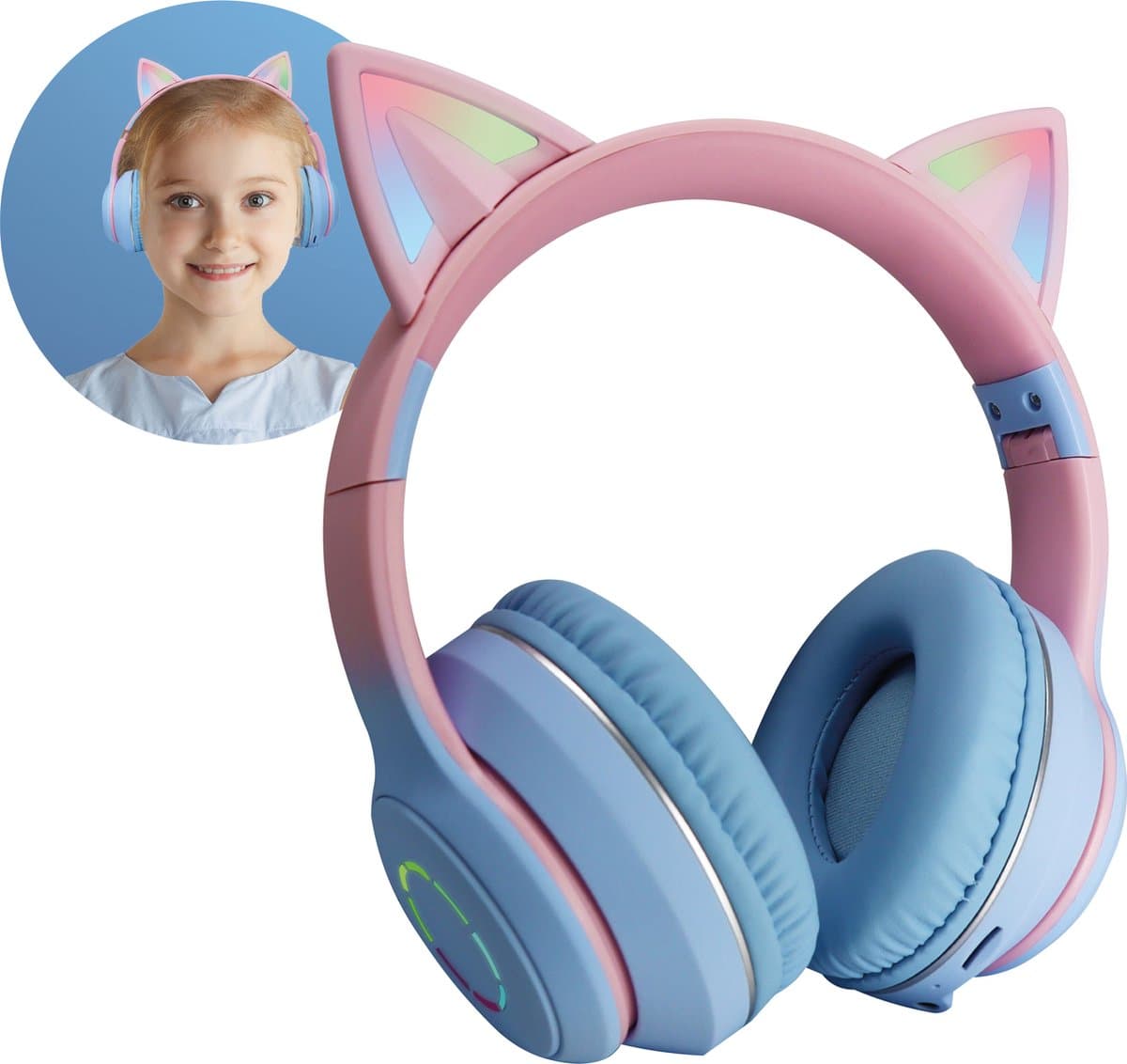 Relave Koptelefoon Kinderen Met Led Verlichting Bluetooth - Kattenoortjes - Kattenoren - Kinder Koptelefoon / Hoofdtelefoon Draadloos Over Ear - Blauw / Roze — afbeelding 1