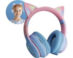 Relave Koptelefoon Kinderen Met Led Verlichting Bluetooth - Kattenoortjes - Kattenoren - Kinder Koptelefoon / Hoofdtelefoon Draadloos Over Ear - Blauw / Roze