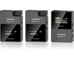 Comica BoomX-D D2 draadloze microfoon-set met 2 zenders en ontvanger — Geschikt voor o.a. Canon, Nikon, Fujifilm, Sony, Panasonic camera en smartphone — Plug & Play interview microfoon — Draadloos bereik tot 50 meter — Complete set — Zwart