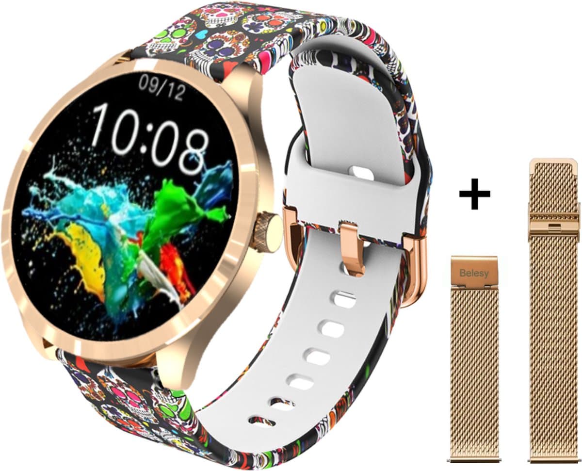 Belesy® BQSiRgSk Pro Skull - Smartwatch Dames – Smartwatch Heren - Horloge - 1.28 inch - Kleurenscherm - Stappenteller - Bloeddruk - Hartslag - 75+ Wijzerplaten – Sporten – Rose goud – Staal - Siliconen – Skull - Kerstcadeau — afbeelding 1
