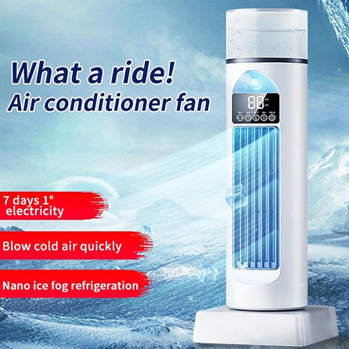 Torenventilator - Ventilator zonder bladen - Stille koeling thuis - 6 snelheden met water - 38 cm hoog - Wit — afbeelding 1