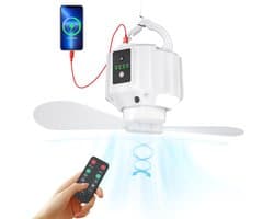 Campingventilator – Oplaadbare USB Ventilator 5200 mAh – Met LED Licht en Ophanghaak – 3 Snelheden – Draagbare Tentventilator voor Camping, Auto, Kantoor en Thuis