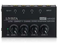 Livista Audio Versterker 4 Kanaals – Hoofdtelefoonversterker – Audio Splitter 4 Weg – 6,35 mm Jack – Microfoon & Instrument Versterker – Studio Audio Hub