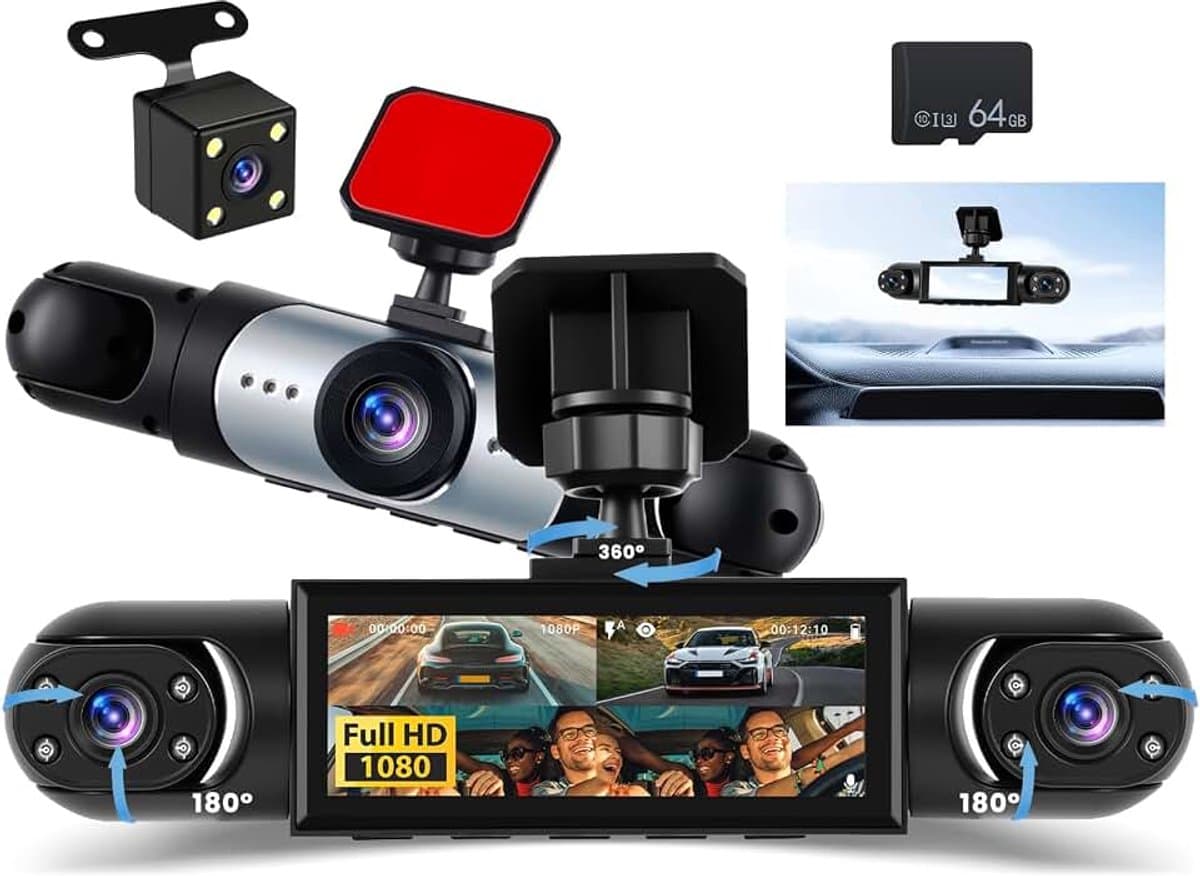 Dash Cam 4 kanalen, 360° 1080P dashcam auto voor achter binnen, 3,16 inch display, 64G SD-kaart, loopopname nachtzicht groothoek 150°, bewegingsdetectie — afbeelding 1