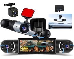 Dash Cam 4 kanalen, 360° 1080P dashcam auto voor achter binnen, 3,16 inch display, 64G SD-kaart, loopopname nachtzicht groothoek 150°, bewegingsdetectie