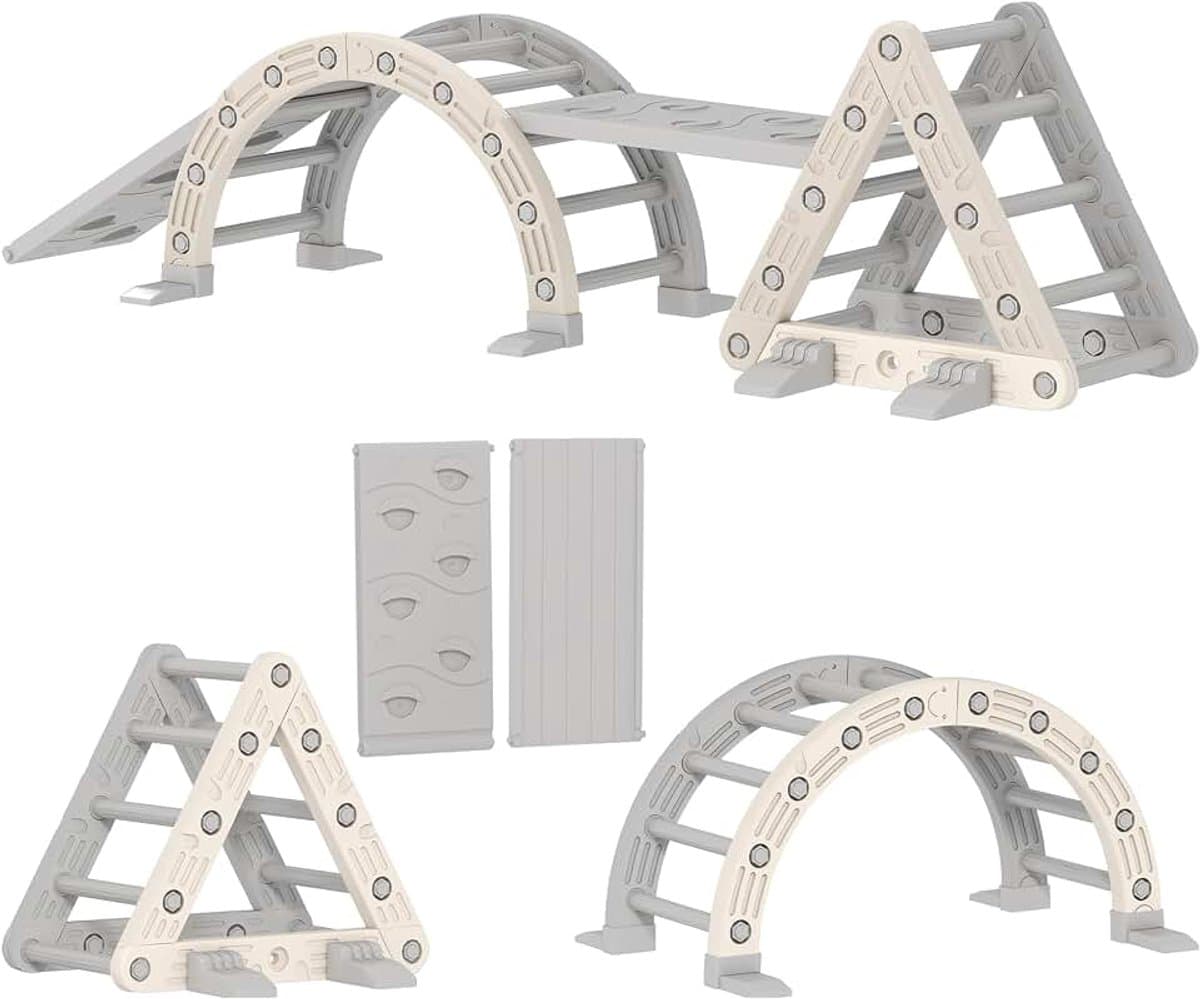 Klettergerüst Indoor, 5 in 1 Kletterdreieck mit Rutsche, Kletterbogen, inkl. doppelseitige Rampe, Spielplatz Indoor für Kinder 18-48 Monate, Grau+Weiß — afbeelding 1