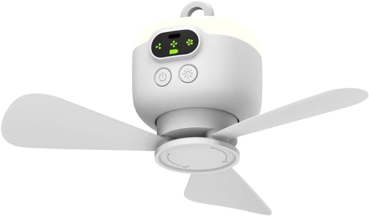Draagbare campingventilator - 10,6 inch - Tentplafondventilator - 8000mAh oplaadbare batterij - Met licht en haak - Verwijderbare ventilatorbladen - Voor tent, camper, veranda, strand, slaapkamer en andere plaatsen. — afbeelding 1