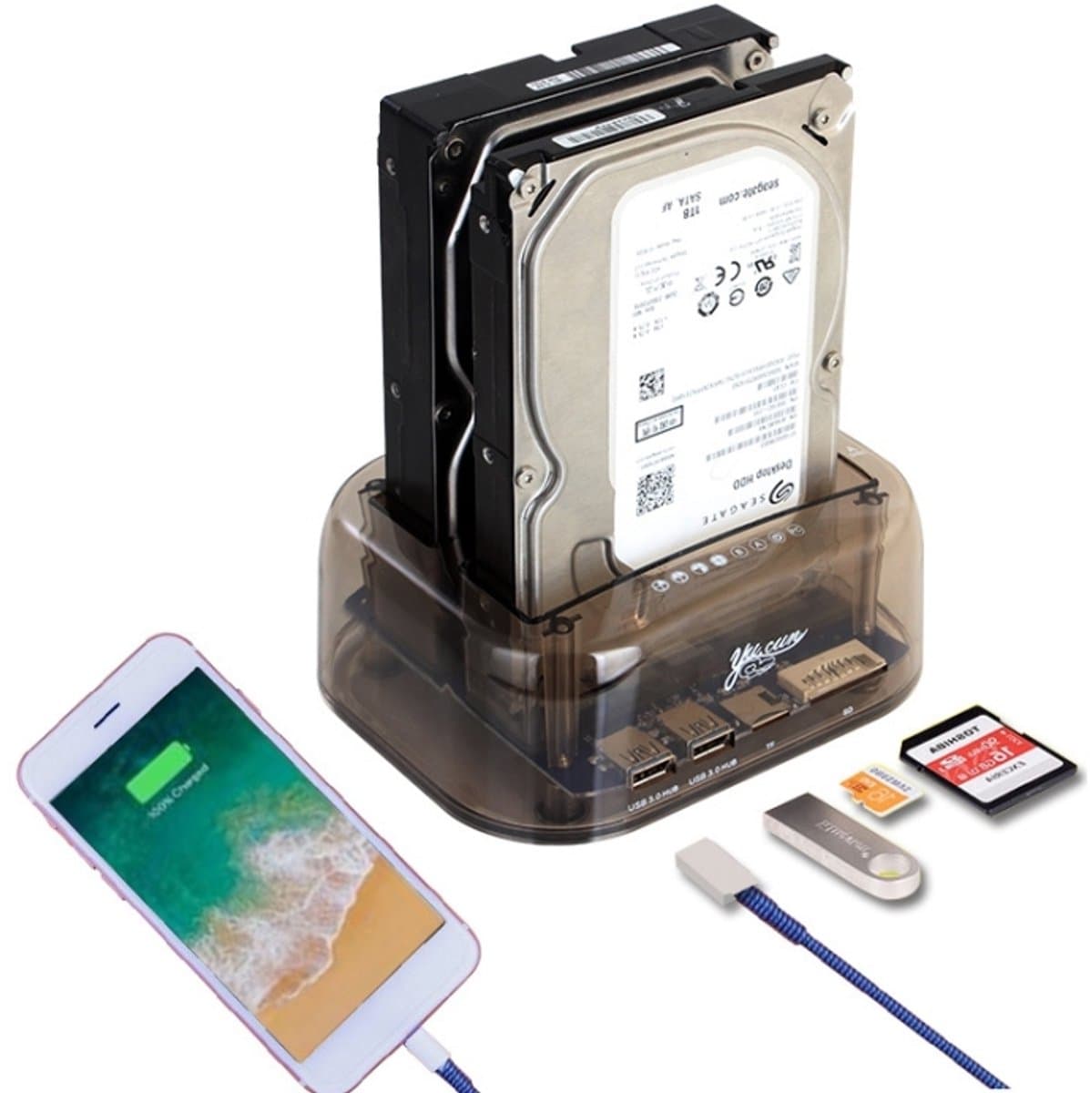 Let op type!! 2 5/3 5 inch 16TB USB 3.0 Dual SATA HDD behuizing met HUB & OTB functie — afbeelding 1