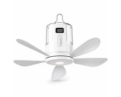 Ophangbare Camping Ventilator - Plafondventilator met Lamp - Opvouwbare Bladen - 10800 mAh - 4 Snelheden - Afstandsbediening - Timer 1-12 Uur - RGB Licht - Wit