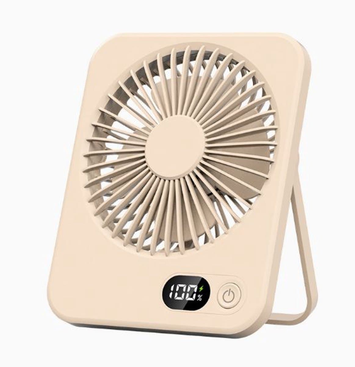 Draagbare bureauventilator USB oplaadbaar - 180° kantelbaar vouwmodel - batterijscherm - 5 snelheden - ultradun stil - Beige — afbeelding 1