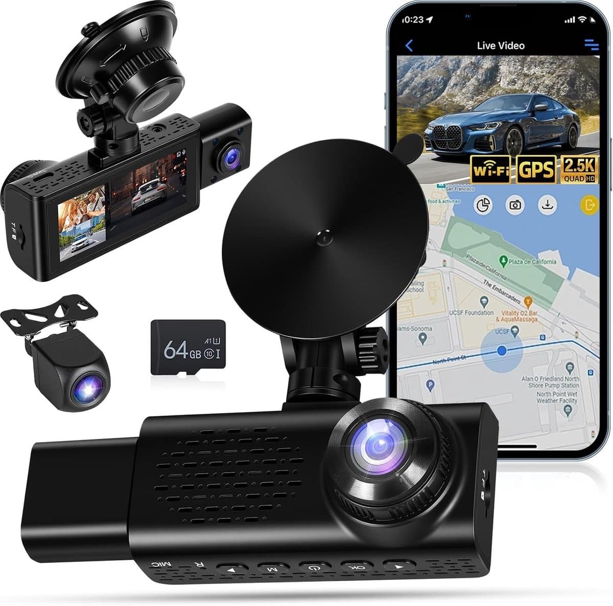 Dashcam voor auto - Zwart - 3,16 inch scherm - 2,5K Front, Binnen en Achtercamera - Met WiFi, GPS en Nachtzicht — afbeelding 1
