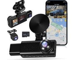Dashcam voor auto - Zwart - 3,16 inch scherm - 2,5K Front, Binnen en Achtercamera - Met WiFi, GPS en Nachtzicht