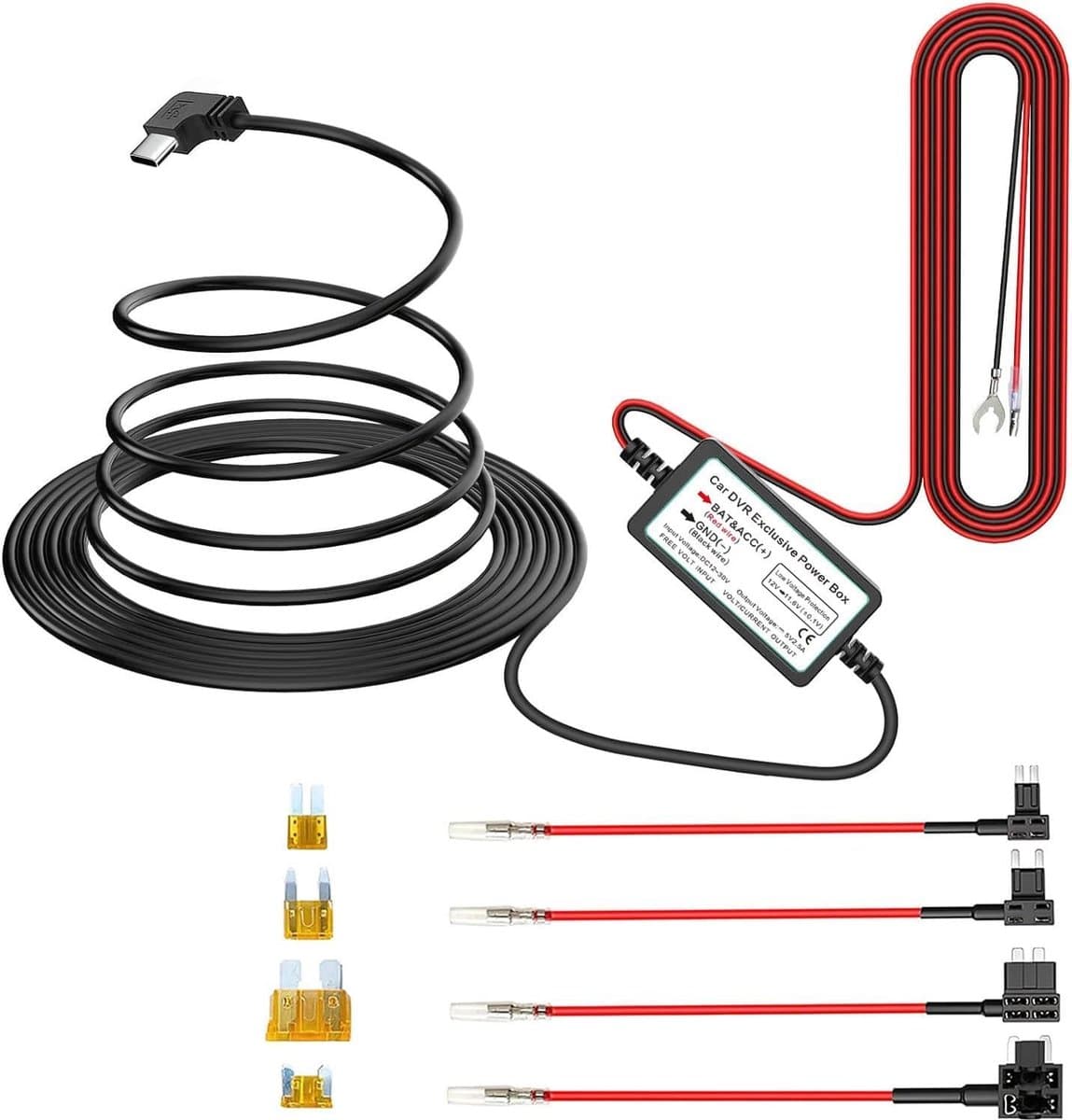 Dashcam voor auto - Zwart - 320 cm - USB C Hardwire Kit met Laagspanningsbeveiliging - Voor Voertuiggebruik — afbeelding 1