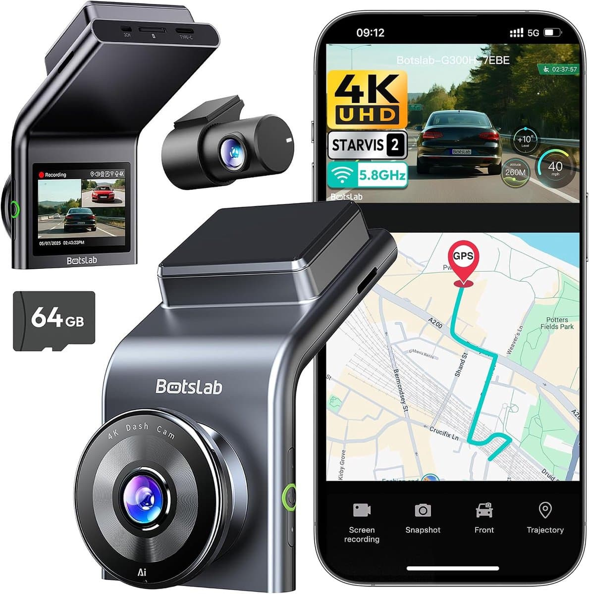 Botslab Dashcam - 4K resolutie + FullHD achtercamera - Night vision met Sony Starvis 2 sensor - App bediening met Wifi - GPS ingebouwd - 2,0 inch LCD - Dubbele dashcam met -Spraakbediening-24/7 parkeerbewaking- inclusief 64gb Micro SD kaart — afbeelding 1