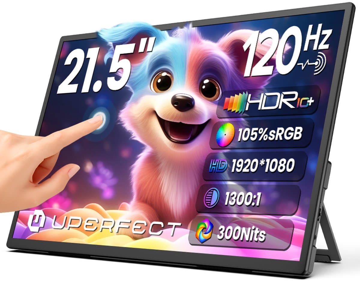 UPERFECT 21,5-inch draagbare gamingmonitor, 120Hz IPS-touchscreen (1920x1080) met geïntegreerde standaard, contrastverhouding 1300:1, USB-C en Mini-HDMI voor laptop, pc, smartphone en Switch; compatibel met VESA-montage — afbeelding 1