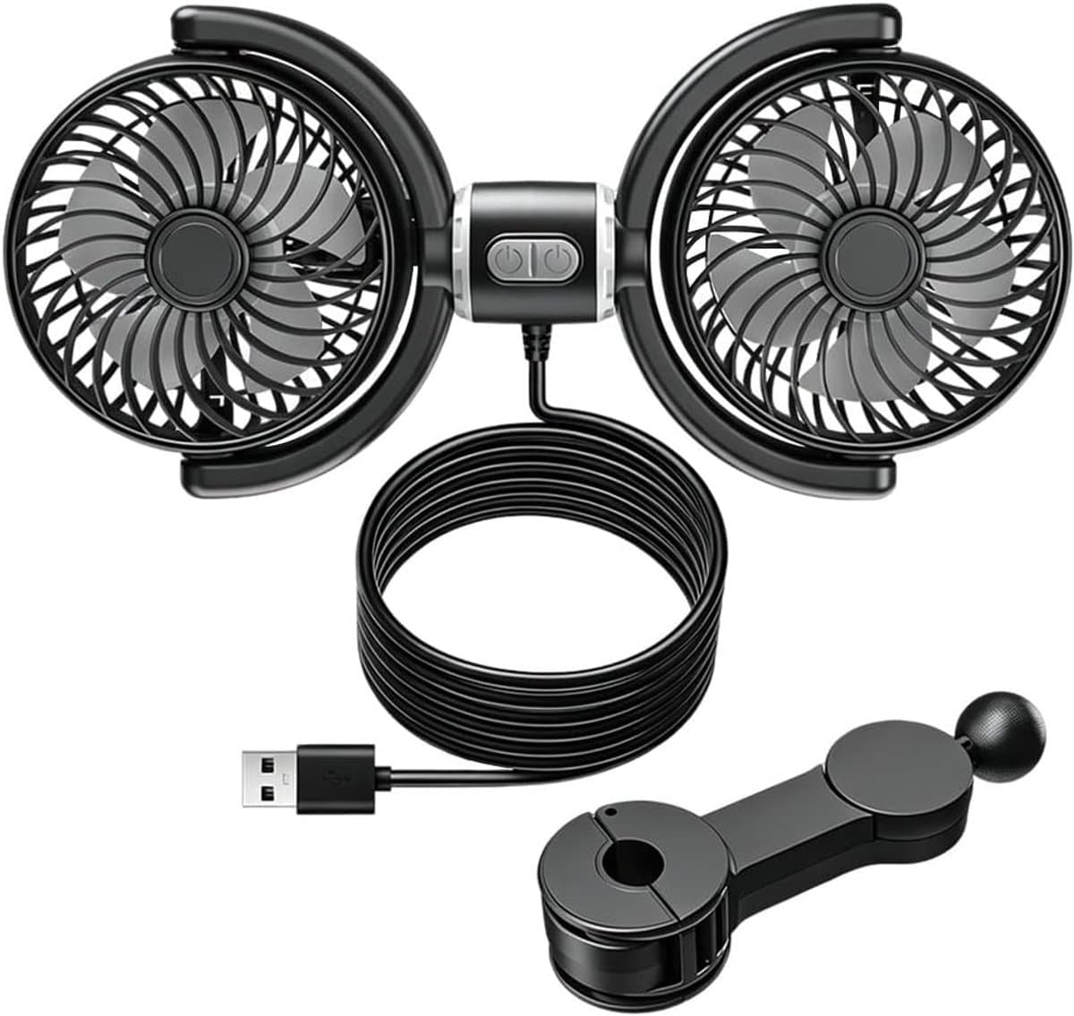 KZQ Verstelbare Dubbele USB Autoventilator voor Achterbank - 3 Snelheden, 360 Graden Draaibaar - Geschikt voor Auto, Vrachtwagen en Camper — afbeelding 1