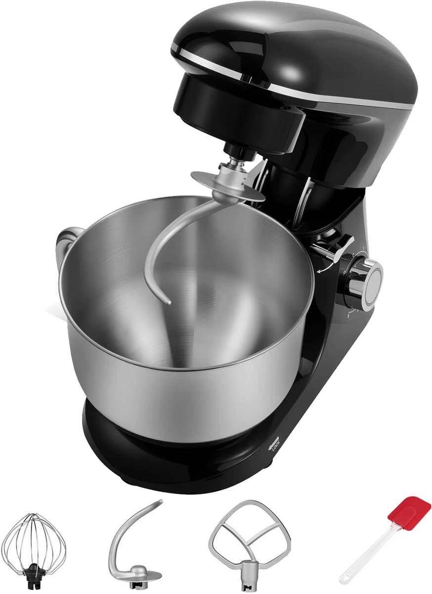 Keukenmachine 6L - Stand Mixer met RVS Mengkom - 6 Snelheden + Pulse - Deeghaak, Garde & Menghaak - Zwart — afbeelding 1