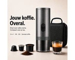 Draagbare Koffiemachine – 3-in-1 Zelfverwarmende Espressomachine 20 Bar – Koffiezetapparaat voor Onderweg, Auto, Camping & Camper – NS/DG-Capsules & Gemalen Koffie – 7800mAh – Warme Koffie Zonder Waterkoker – Grijs – Reis Koffie