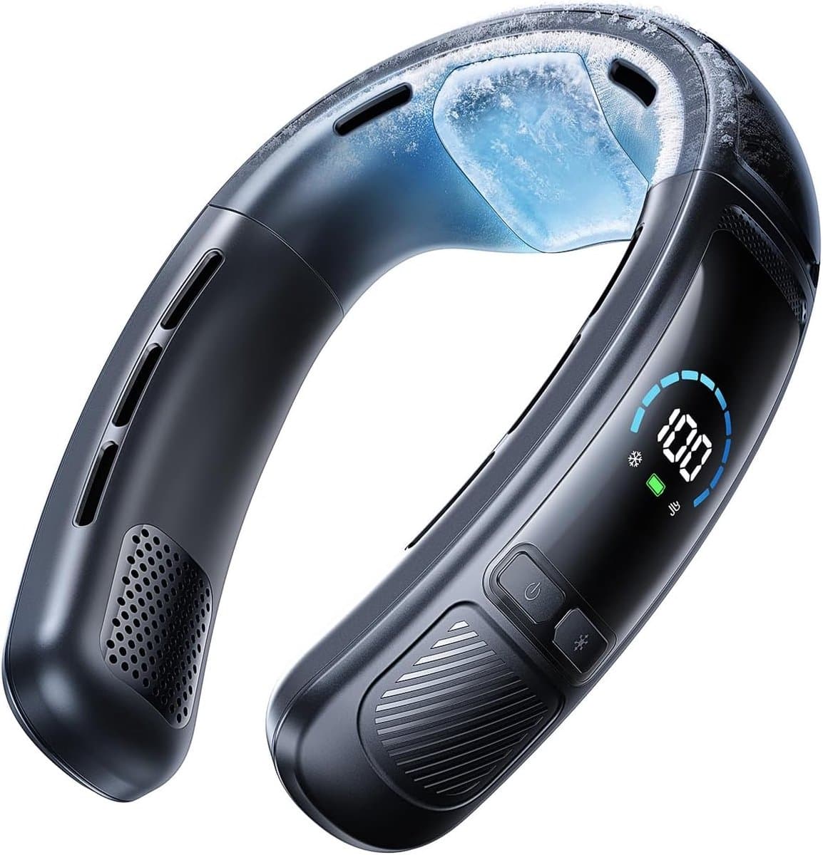 Draagbare nek-airco/ventilator met groot koeloppervlak, tot 22 uur koeltijd, 100 snelheidsstanden, 6000 mAh-accu, digitaal display – geschikt voor buitenwerk, kantoor en reizen (zwart) — afbeelding 1