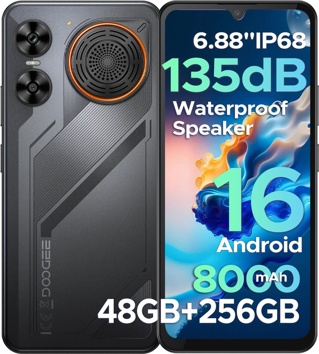 DOOGEE M30 - Rugged Smartphone - 48GB RAM + 256GB ROM (2TB/TF) - 6.88 Inth HD+ 120Hz - IP67 - Android 16 - 8000mAh/33W - 64MP Triple Camera - NFC - Fingerprint - 135dB Loudspeaker - Face ID - Zwart — afbeelding 1