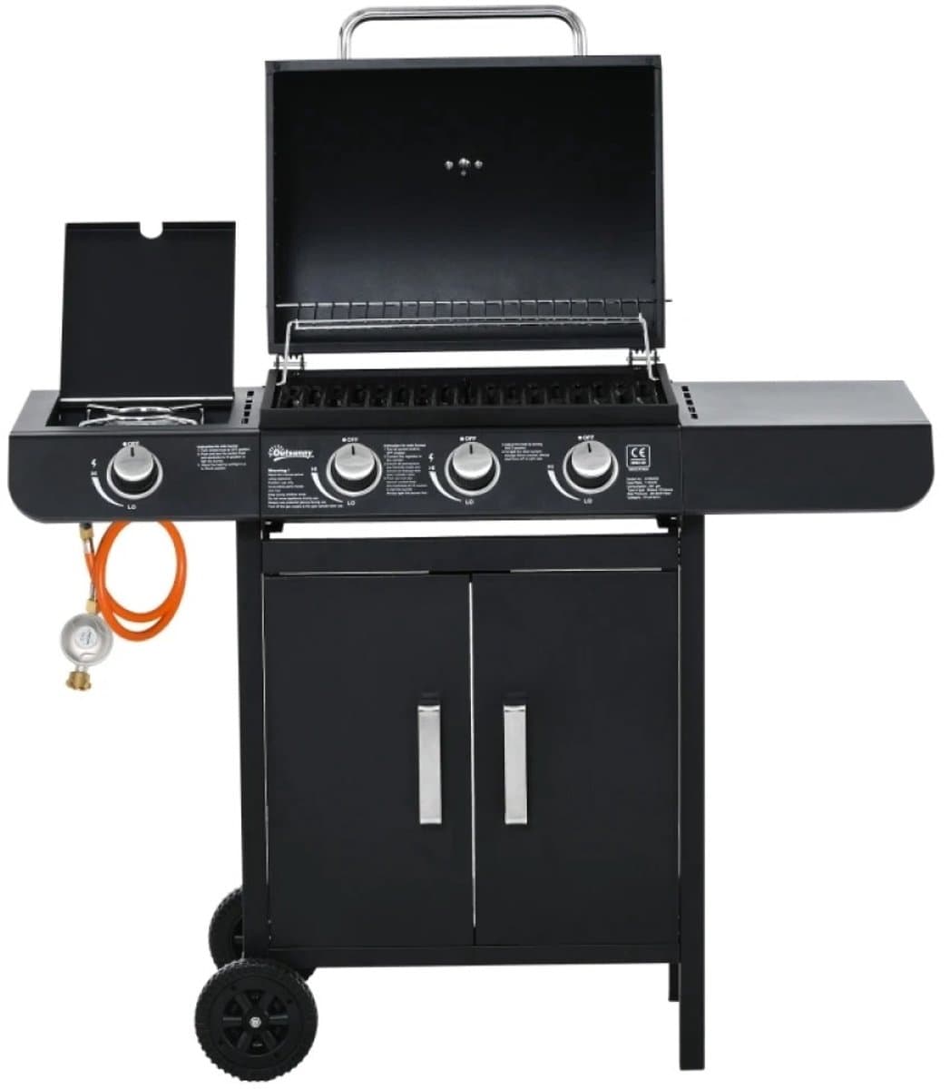 Miryx Gasbarbecue - Grillwagen - Gasgrill - met 4 Branders en 1 Zijbrander, Drukregelaar en Slangen - 110x50x100 cm - Zwart — afbeelding 1