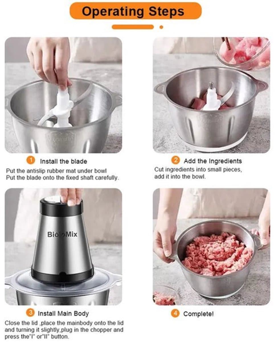 Elektrische Vleesmolen - 500W - Foodprocessor - Hakmolen - 2L RVS Keukenmachine - 2 Snelheden - voor Vlees - Noten en Groenten - Eenvoudig Schoon te Maken - Standaard — afbeelding 1