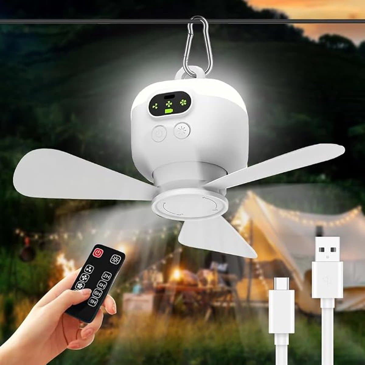 Draagbare plafondventilator voor op de camping - Kampeerfan - Met verlichting en afstandsbediening - USB - 3 windsnelheden - Plafondventilator met verlichting - Geschikt voor buitenactiviteiten, kamperen, kantoor en andere gelegenheden - Wit — afbeelding 1