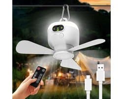 Draagbare plafondventilator voor op de camping - Kampeerfan - Met verlichting en afstandsbediening - USB - 3 windsnelheden - Plafondventilator met verlichting - Geschikt voor buitenactiviteiten, kamperen, kantoor en andere gelegenheden - Wit
